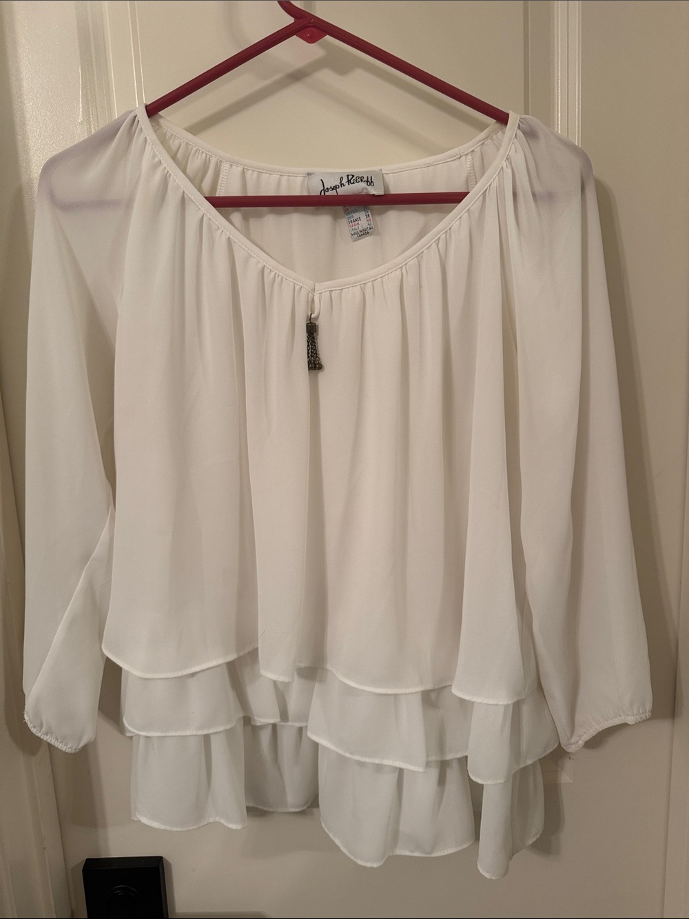 Joseph Ribkoff Cream Layered Chiffon Tassel Peasant Blouse